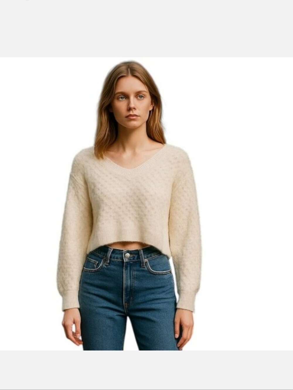 Volcom Cream V-Neck Cropped Knit Sweater